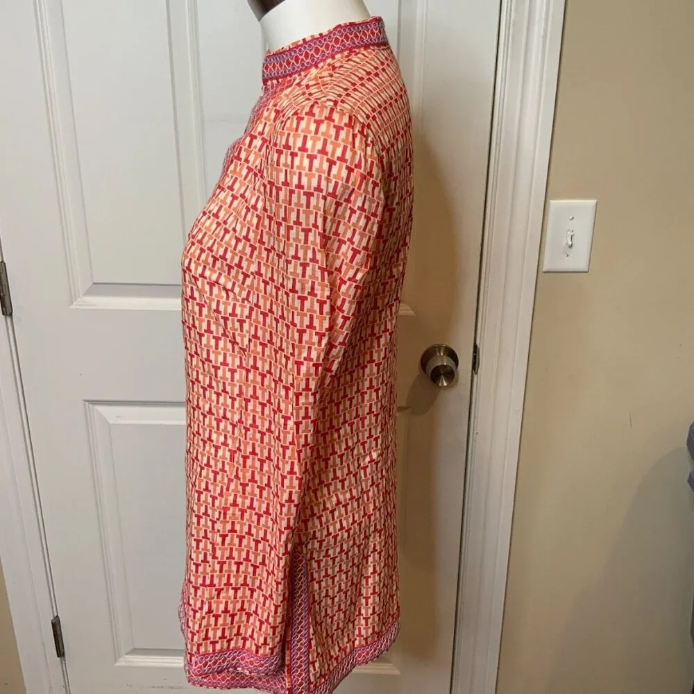 Tory Burch Pink Red T Embroidered Tunic Top, Size 2